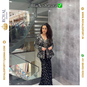 Nouvelle collection de costumes Sharara en soie chinon lourde de couleur noire de créateur - Product Image 2