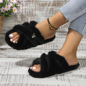Women's Open Toe Fluffy Faux Fur Slides for <b>Slippers</b> Cross Band Soft Plush Furry <b>Fleece</b> Lightweight with Cotton Lining EVA - Product Image 3
