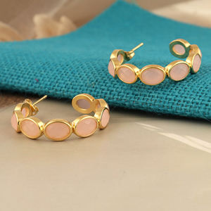 Pink chalcedony faceted gemstone hoop <b>earrings</b> 18k gold plated solid brass ear <b>post</b> with butterfly back statement jewelry - Product Image 4