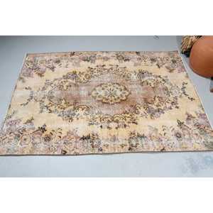 4x5.8 ft Accent Turkish Rug, Vintage Rug, <b>Brown</b> Purple Check <b>Wool</b> Rug - Product Image 4