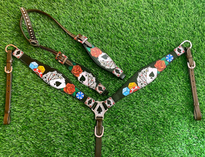 Cartes peintes à la main Fleurs et dés Bride de tête de cheval en cuir véritable avec rênes Cheval Polo Western Design Headstall - Product Image 2