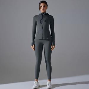 Traje de manga larga de Yoga con capucha y cremallera de Color marrón, ropa interior sin desgaste, pantalones ajustados de cintura alta, traje deportivo para Fitness - Product Image 5