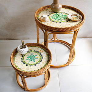 Mesa auxiliar redonda de ratán para sala de estar, precio más barato, mesas decorativas con Incrustaciones de nácar - Product Image 2