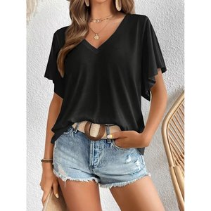 Blusa Casual de Manga Corta con Cuello en V para Mujer de Jane's, para Uso Diario, Corte Regular, Lisa, Tejido Transpirable - Product Image 2
