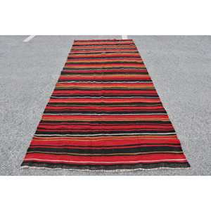 Alfombra Vintage de lana turca de 4,8x11,5 pies, color rojo y negro, área rectangular grande, patrón de retazos, respaldo de látex, estilo tradicional de pasillo - Product Image 1