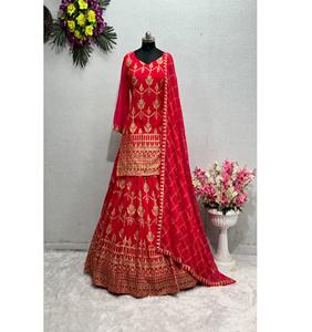 Conjunto de ropa de diseñador moderno Heavy Faux Georgette Lehenga con Dupatta Elegante Chine Stitch Trabajo Bordado Top y falda acampanada - Product Image 1