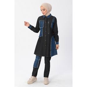 Ensemble décontracté deux pièces en jean avec fermeture éclair, comprenant un haut de sport long et un bas mi-long, coupe régulière, 100 % coton, idéal pour l'été - Product Image 3