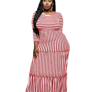 Vestido Maxi de Punto a Rayas para Mujer Tallas Grandes, Estilo Casual con Cintura Imperio, Corte Holgado y Acampanado, Tallas XL y 5XL, Hecho de Algodón - Product Image 3