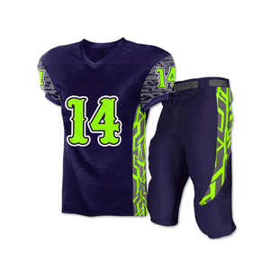 Uniforme de fútbol americano personalizado azul verde neón marino con Jersey y pantalones acolchados poliéster transpirable sublimado - Product Image 1