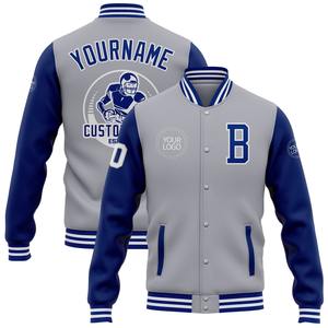 Vente en gros dans l'industrie directe de bombardiers décontractés d'hiver personnalisés, gris, blanc royal, veste bicolore Varsity Letterman - Product Image 1