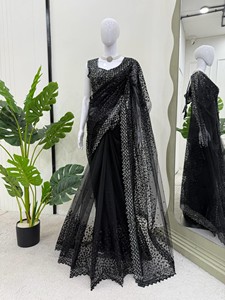 Sari en soie de luxe avec filet, broderie lourde de sequins, sans plis, séchage rapide, réversible, avec chemisier intérieur, collection pour mariage et fêtes - Product Image 4