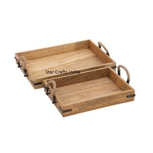 Fabricante y mayorista, Gran bandeja rústica para servir bebidas de café, bandeja de madera y metal con mango de metal, barra para el hogar, bandeja de madera para servir - Product Image 4