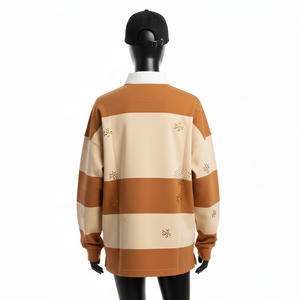 Camiseta de rugby para mujer, 280 GSM, jersey de algodón premium, paneles colorblock marrón beige, logotipo personalizado bordado, camisetas de rugby para mujer - Product Image 2
