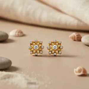Boucles d'oreilles clous en or plaqué or avec motif floral pour femmes, tendance, or jaune, zircon, moissanite, perle, géométrique, fiançailles, fête - Product Image 1