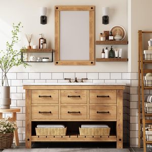 Estantes flotantes de madera rústica montados en la pared de alta calidad con juego de cesta de Metal negro para almacenamiento de cocina y baño - Product Image 2