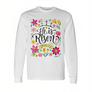 Camiseta de manga larga He Is Risen Matthew 28 con diseño floral cristiano de Pascua - Product Image 2