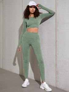 Gran oferta, 2 uds., conjunto de Yoga para mujer, conjunto de Yoga acanalado, conjunto de Yoga deportivo para mujer, conjunto de Yoga sin costuras acanalado de dos piezas de verano personalizado - Product Image 6