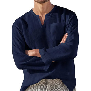 Camisas DE LINO DE PLAYA informales con cuello en V de manga larga para hombre, camisas de Jersey para hombre con ropa de calle de bolsillo - Product Image 6
