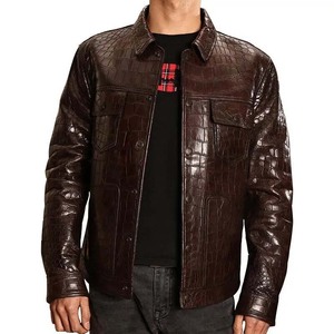 Chaqueta de Cuero con Estampado de Cocodrilo para Hombre HTTC STORE, Corte Ajustado, Cuello Alto, Cierre de Cremallera, Estilo Urbano, Color Marrón, Resistente al Viento y Transpirable - Product Image 1