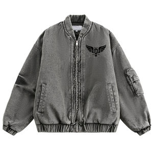 Blouson Bomber Unisexe en Denim Délavé Gris – Veste Décontractée Zippée Style Vintage Oversize Streetwear en Jean - Product Image 1