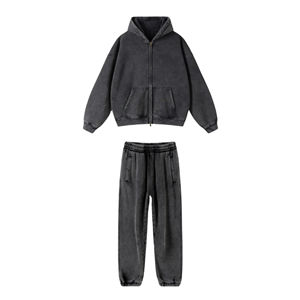 Conjuntos de chándal de felpa 100% algodón lavado para hombre, estilo holgado con cremallera, vintage, OEM, estampados, informales - Product Image 3