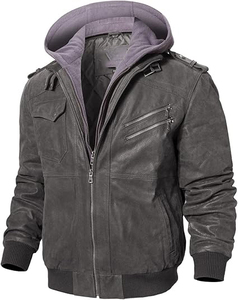 Chaqueta de motorista lavada con ácido clásica para hombre, cuero genuino personalizado y lona, estilo de cuello levantado de tendencia superior - Product Image 3