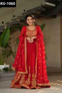 Vêtements ethniques indiens fantaisie fausse floraison avec broderie Zari paillettes travail Anarkali robes à manches longues pour mariage fonction porter - Product Image 4