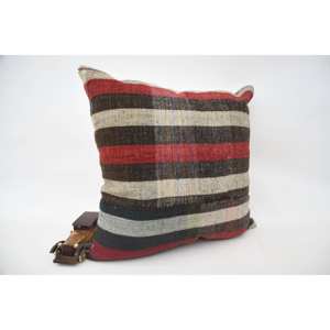 Multicolor Tartan Pattern Wool Kilim Pillow 24x24 Inch Woven Decorative <b>Cushion</b> with Vintage <b>Fluffy</b> Leaves Design - Product Image 2