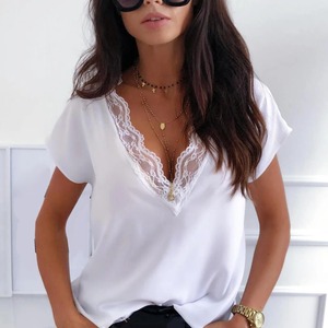 Camiseta de manga corta de algodón con cuello en V para mujer, ajustada, transpirable, suave, cómoda, sencilla, básica, a la moda, de verano - Product Image 3