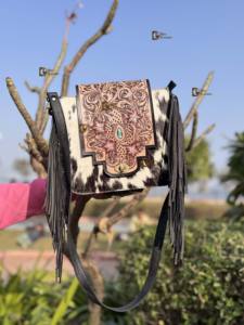 Cowhide Fur Leather Handmade Carving Tooled Leather Fringe Handbag New Arrival Gypsy Boho Vintage Cross Body Stylish <b>Bags</b> - Product Image 2