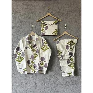 Conjunto de pijama con estampado de bloques a mano para mujer, ropa de dormir, vestido de noche de algodón indio, conjunto de pijama, traje de noche de algodón suave - Product Image 1