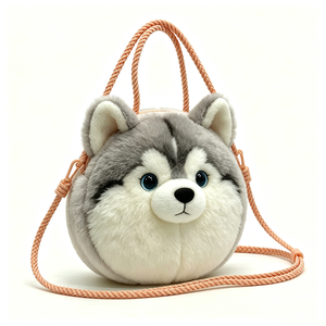 Bolso de peluche husky personalizado con correa de cuerda, bolso de mano redondo de peluche husky gris, bolso de peluche husky en forma de bola de dibujos animados - Product Image 1