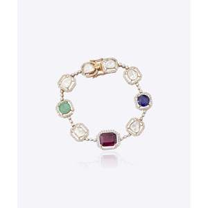 Brazalete Bohemio para Mujer con Diamantes Prismáticos Polki, Diseño Geométrico con Cuentas Chapadas en Oro y Patrón Numérico con Zafiro - Product Image 1