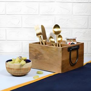 Top Sale Solid Wood Rustic Utensil Holder Dining Utensils And Napkin Holder Serving Caddy For Kitchen with 3 compartment - Product Image 5