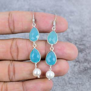 Pendientes colgantes de plata de ley 925 con perlas de Calcedonia Aqua, piedras preciosas con forma de pera a la moda para fiesta de boda, regalo para mujer - Product Image 2