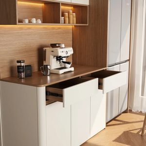 Armoire de rangement de cuisine élégante avec portes en composite bois, niche de préparation du café, sections de garde-manger hautes et design personnalisé sans poignées - Product Image 4