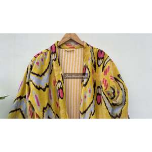 Robe kimono en velours à imprimé floral Ikat, veste longue réversible en coton avec cordon de serrage, peignoir doux pour l'automne - Product Image 2