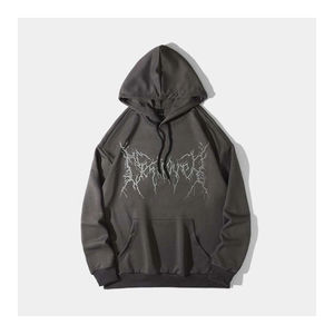 Custom Men's Acid Wash Distressed <b>Hoodie</b> Winter Boxy Fit Pullover Rhinestone Applique <b>Lined</b> Collar Oversize Hooded Cut Sew - Product Image 1