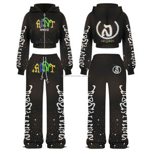 ชุดวอร์มลายพิมพ์สไตล์วินเทจ ผ้าฝ้าย 100% กางเกงวอร์มขาบาน และเสื้อฮู้ดดี้โอเวอร์ไซส์สำหรับผู้ชาย - Product Image 4