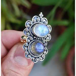 Rainbow Moonstone Labradorite Handmade Boho <b>Ring</b> for Women Classic <b>Statement</b> Dual Gemstone Inlay Styled Sterling Silver Gift - Product Image 6