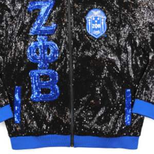 Chaqueta de lentejuelas ZPB-Negro | Chaqueta Zeta Phi Beta de poliéster 100% con logotipos bordados, Mangas de lentejuelas, cremallera frontal y puños acanalados - Product Image 5
