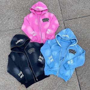 Custom Acid Wash Sweatsuit Jogging Track Suit Set Streetwear Puff Print <b>Spray</b> Wash Flare Sweatpants and Full Zip up Hoodie Set - Product Image 3