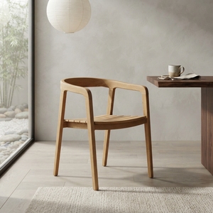 Solid Teak Wood Curved <b>Armchair</b> Slatted Seat Minimalist Natural Finish Outdoor Patio <b>Dining</b> Side Chair Setup Art Decor - Product Image 3