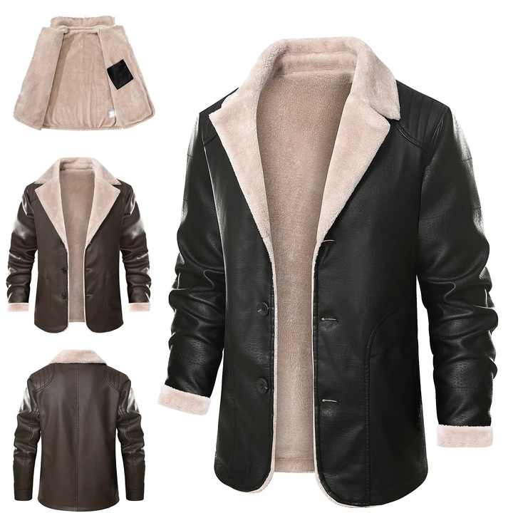 Men Leather Jacket Men Fashion Warm Winter Coat Men's Pu Leather Jacket Lapel Casual Plush Leather Plus Velvet Fur Coat Male