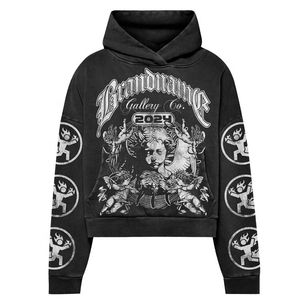 Streetwear de marque sur mesure Y2K mode sweat à capuche court et ensemble de jogging unisexe tenue bouffée imprimé survêtements lavés à l'acide - Product Image 2