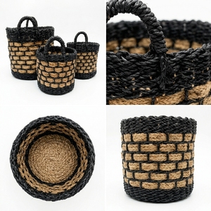 Natural Seagrass Recycled <b>Plastic</b> Storage <b>Basket</b> Set Black Border Block Weave Arch Handle Pot Planter Organizer Setup Pure Art - Product Image 2