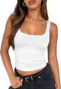 Y2k style tissu respirant personnalisable femmes sans manches col carré recadrée couleur unie débardeur - Product Image 6