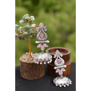 Grandes boucles d'oreilles jhumka en forme de pierre en laiton imitation argent, artisanales, traditionnelles, pour filles et femmes - Product Image 2