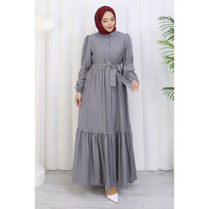 Robe grise modeste à demi-boutonnage, ornée de roses, avec ceinture, respirante, style élégant, fermetures éclair, motifs ajourés, ornée de diamants, tailles XS-XL, pour le quotidien et les fêtes - Product Image 3