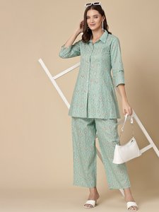 Kurta Palazzos de Verano de Manga Larga, Elegante, de Algodón Puro, con Estampado Floral Verde Mar, Estilo Moderno y de Excelente Calidad - Product Image 4